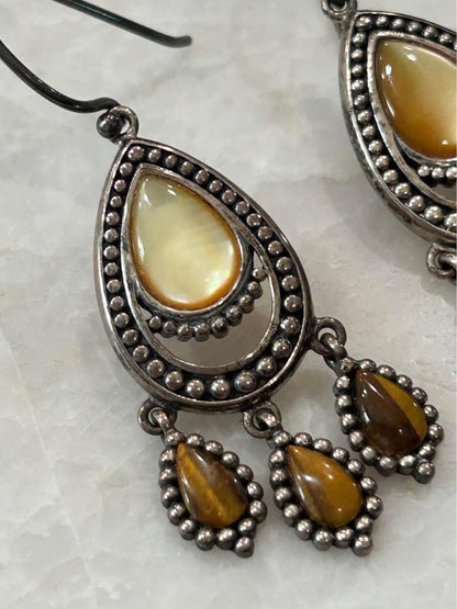 925A China Sterling Silver Chandelier Earrings with Mother of Pearl and Tiger's Eye
