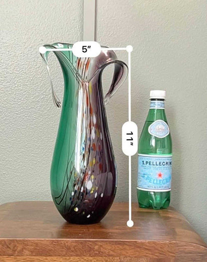 Mid-Century Art Glass Pitcher | Green & Amethyst Confetti, 11" Hand-Blown Vase