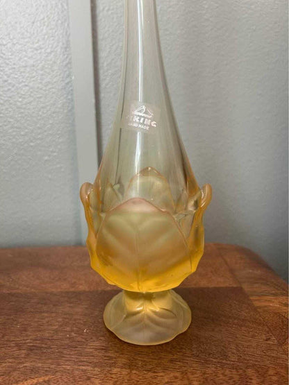 Viking Glass Amber Frosted Satin Lotus Bud Long Neck Swung Vase
