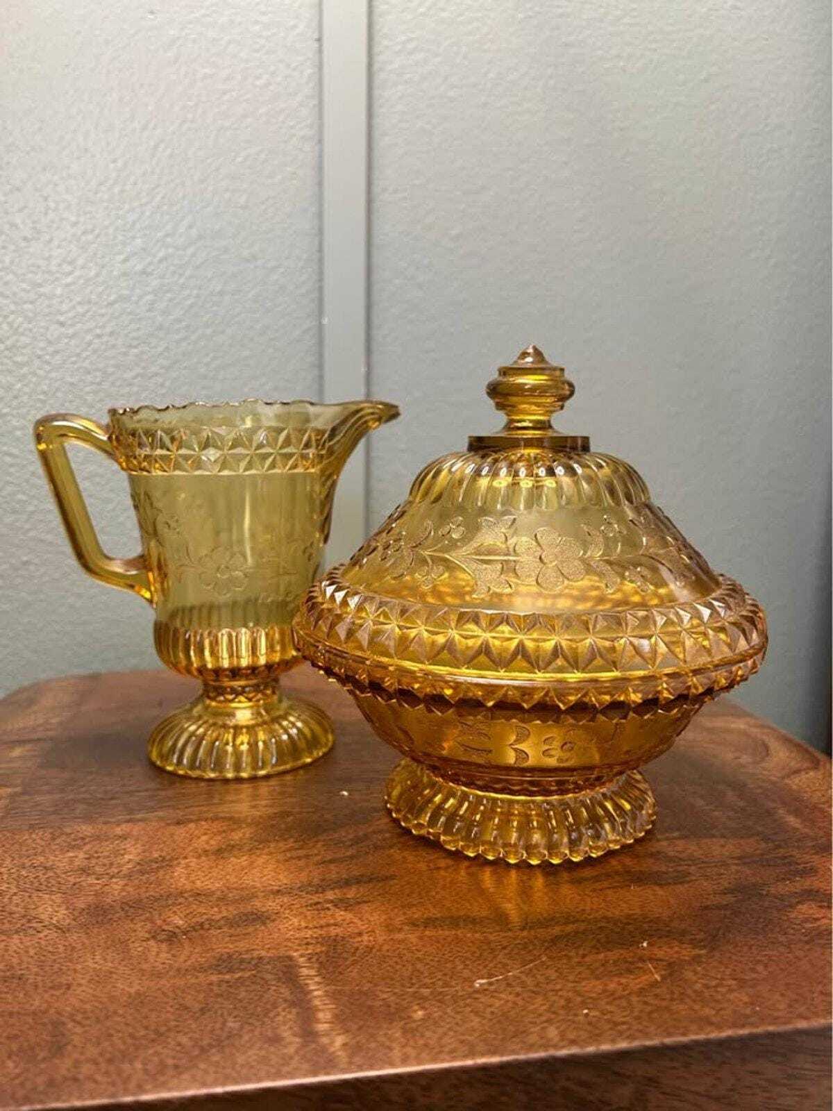 Adams Wildflower Pattern Amber Glass Pitcher and Covered Sweetmeat Set