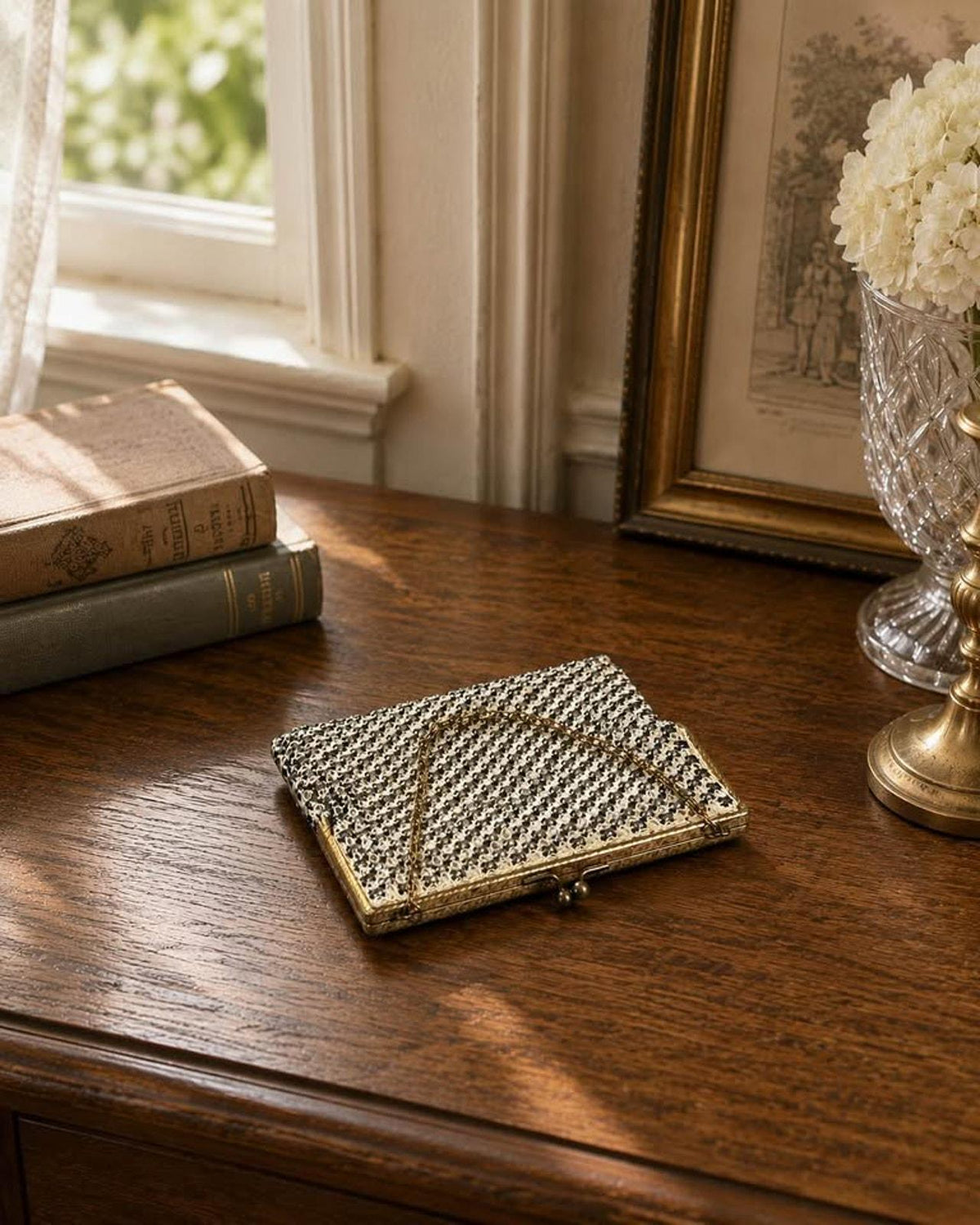 Vintage Rhinestone Mesh Evening Bag Etched Gold Tone Frame Satin Lined Purse