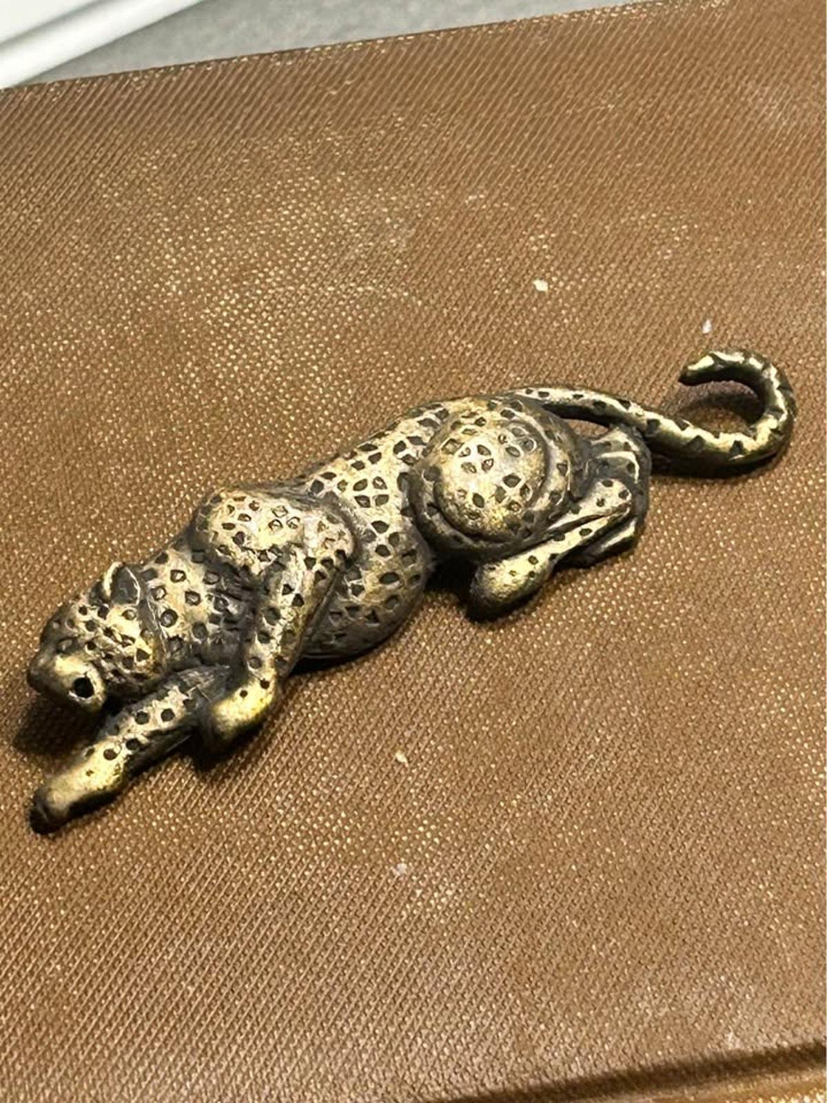 Vintage Brass Tone Crouching Leopard Brooch - 3 Inch