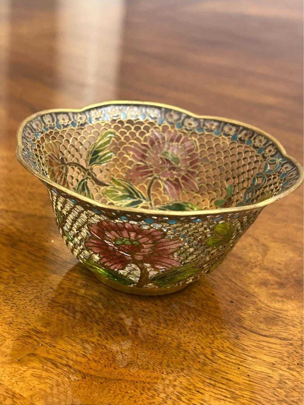 Vintage Plique-à-Jour Translucent Enamel Floral Bowl Scalloped Edge