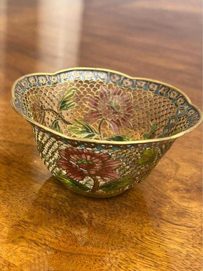Vintage Plique-à-Jour Translucent Enamel Floral Bowl Scalloped Edge