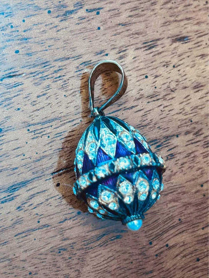 Vintage Fabergé Style Purple Enamel Egg Pendant with Rhinestone Accents