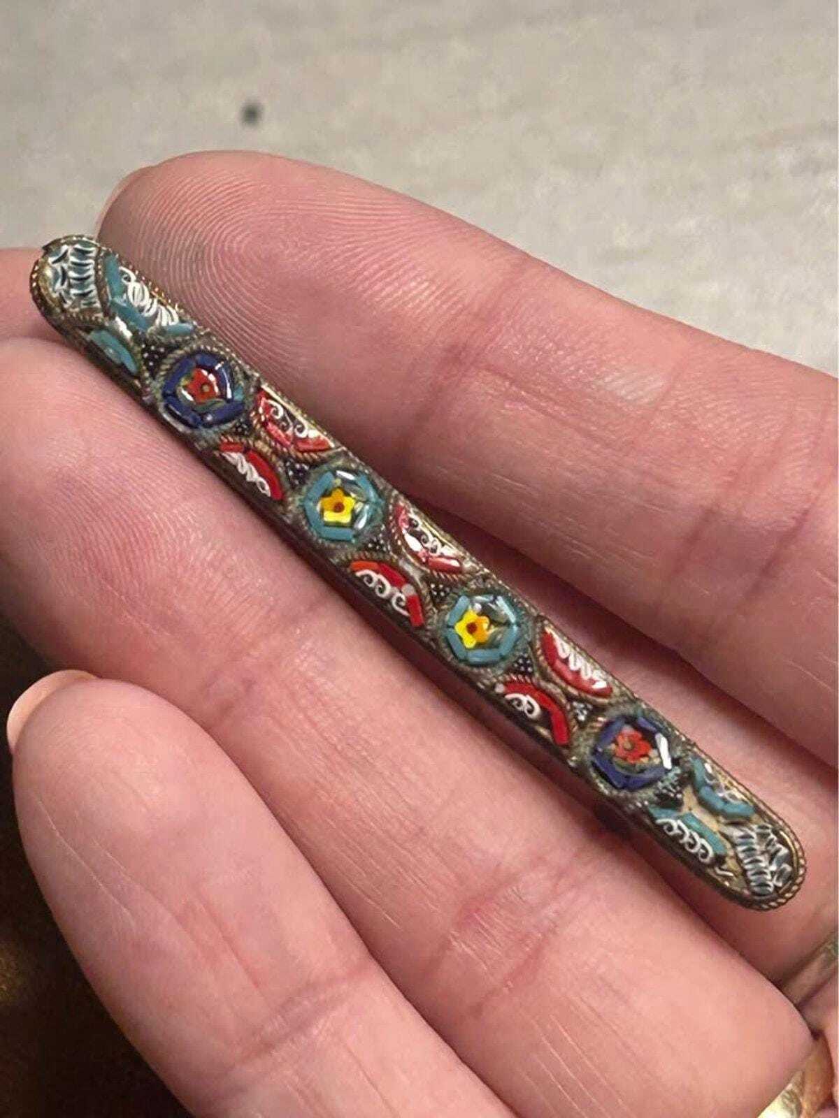 Vintage Italian Micro Mosaic Floral Bar Pin Brass Grand Tour Style Brooch