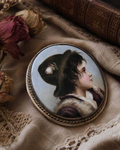Antique Victorian Hand-Painted Porcelain Girl Portrait Brooch