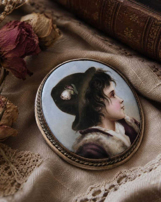 Antique Victorian Hand-Painted Porcelain Girl Portrait Brooch