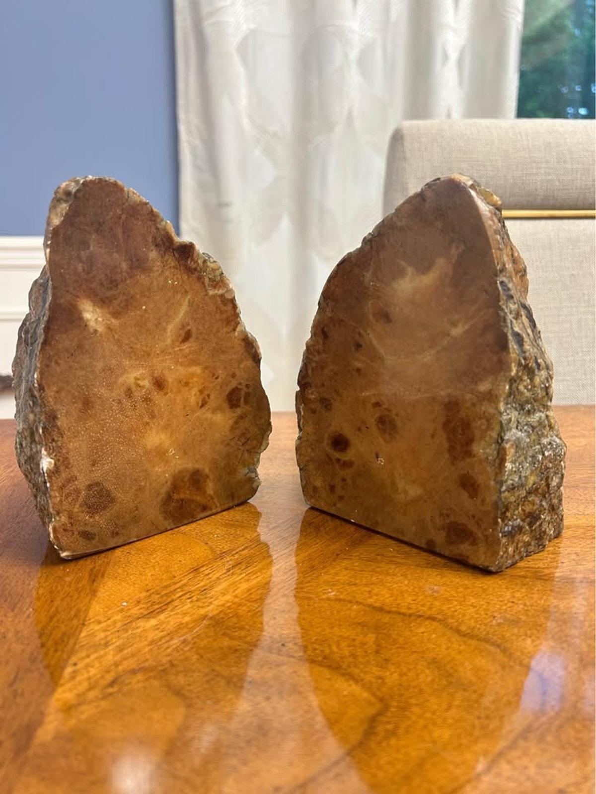 Vintage Italian Polished Faux Bois Stone Brutalist Bookends