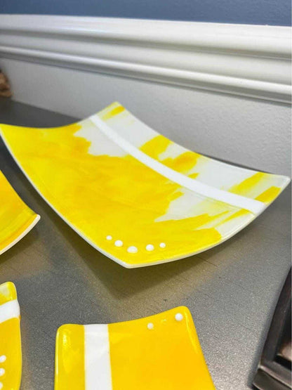 Red Stone Glass Yellow & White Fused Glass Platter and Appetizer Set (5 Pieces)