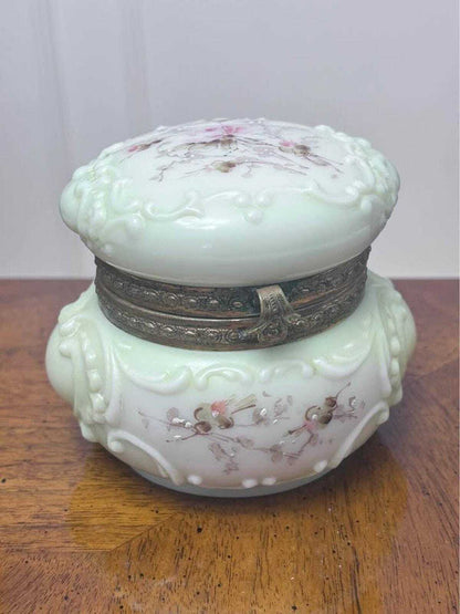 Antique C.F. Monroe Wave Crest Opal Glass Floral Dresser Box
