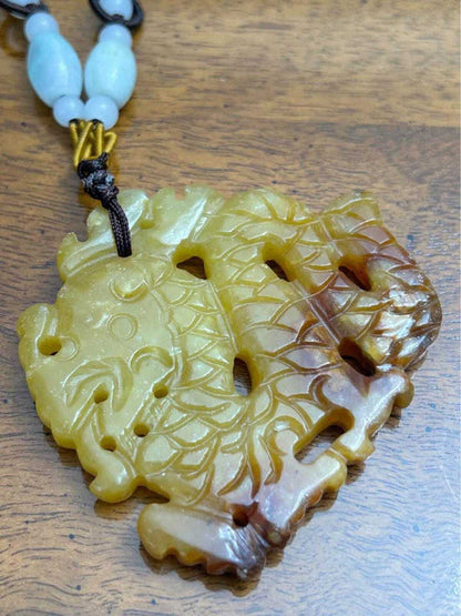 Vintage Carved Yellow and Russet Jadeite Dragon Fish Pendant Necklace