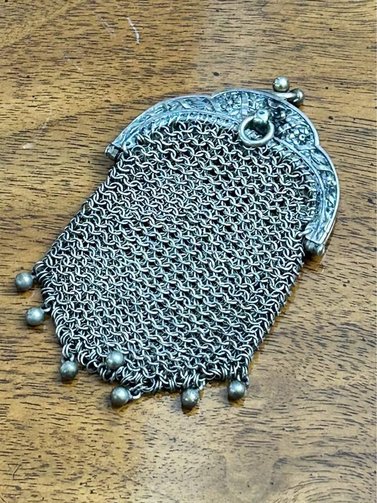 Antique Sterling Silver Chainmail Chatelaine Coin Purse With Repousse Frame