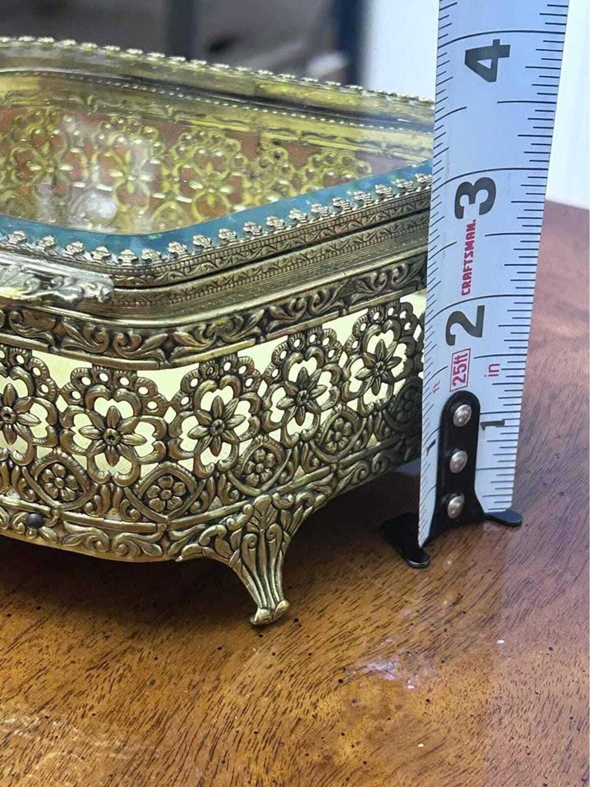 Vintage Hollywood Regency Ormolu Beveled Glass Trinket Box Floral Vanity Casket