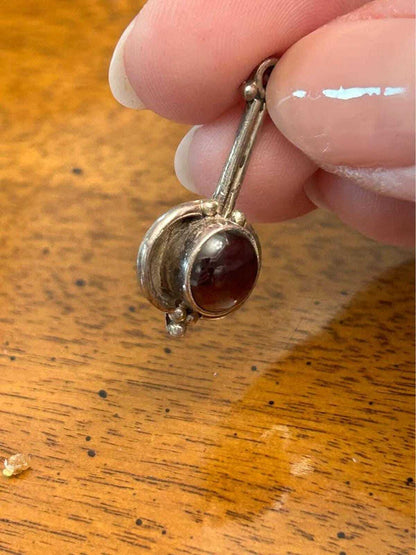 Vintage Artisan Modernist 925 Sterling Silver & Garnet Pendulum Drop Earrings