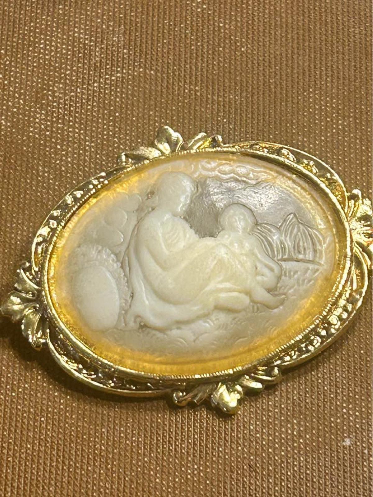 Vintage Victorian Revival Mother and Child Cameo Brooch Frosted Molded Inset Gold-Tone Frame
