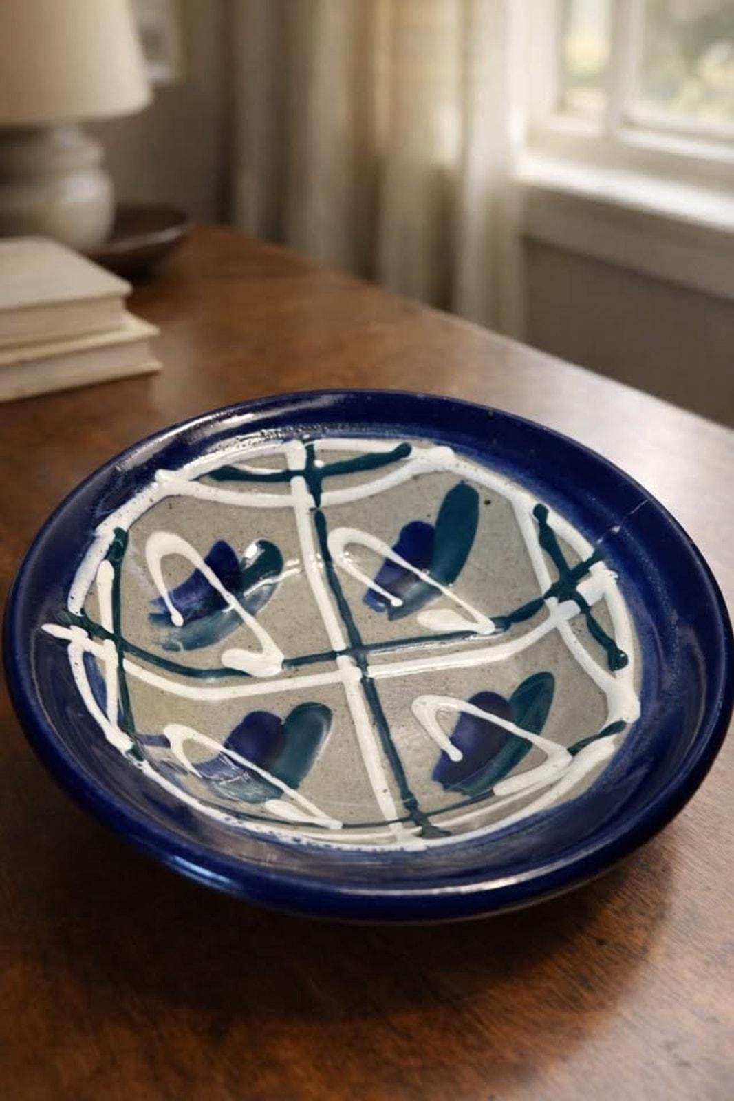 John Bauman Signed Studio Pottery Bowl, Abstract Blue & White Stoneware