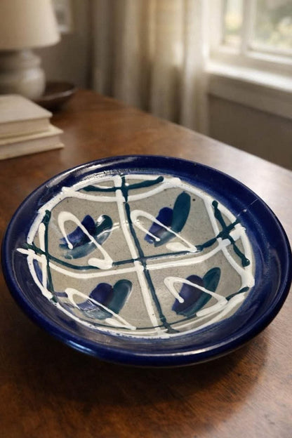John Bauman Signed Studio Pottery Bowl, Abstract Blue & White Stoneware