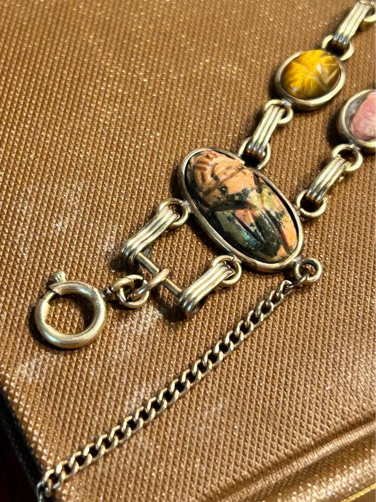Vintage 12k Gold Filled Double Link Scarab Bracelet - Multi-Gemstone Egyptian with Safety Chain