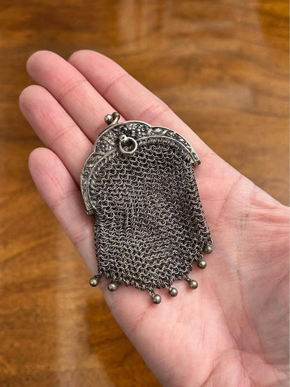Antique Sterling Silver Chainmail Chatelaine Coin Purse With Repousse Frame