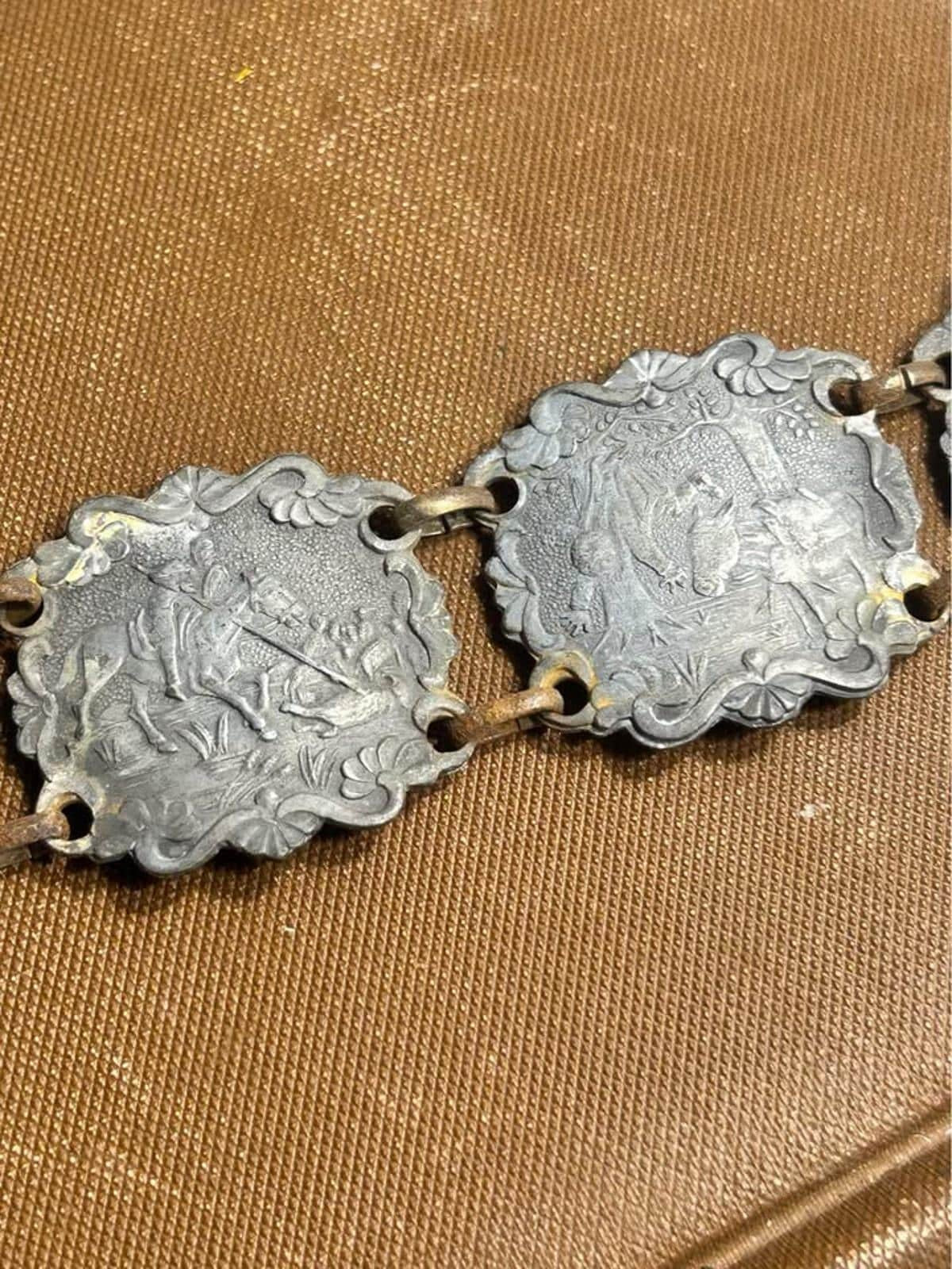 Vintage Mexican Silver Don Quixote Story Bracelet, Mid-Century Relief Panel Jewelry