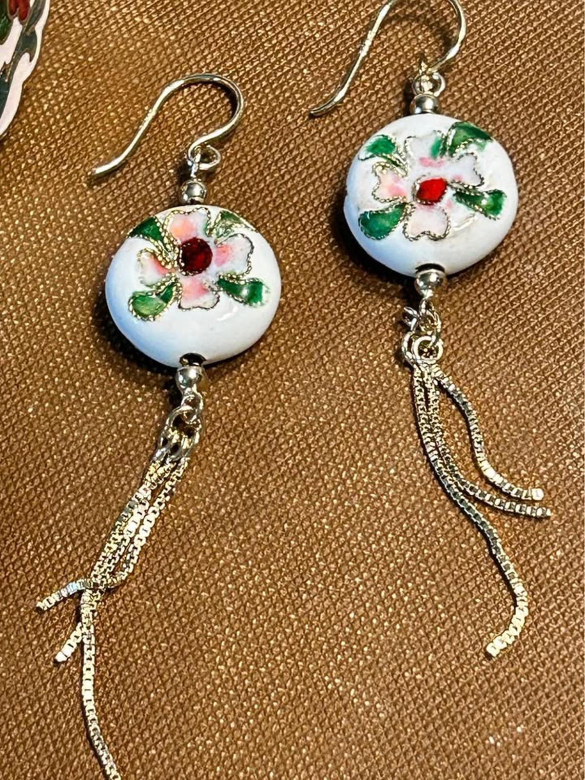 Vintage Chinese Cloisonné Jewelry Set | White Floral Butterfly Bangle, Pendant & Earrings
