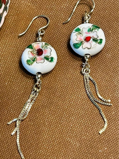 Vintage Chinese Cloisonné Jewelry Set | White Floral Butterfly Bangle, Pendant & Earrings
