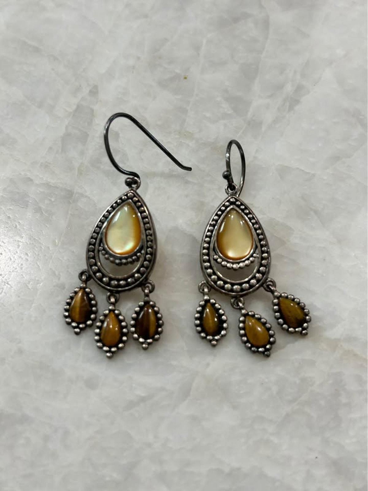 925A China Sterling Silver Chandelier Earrings with Mother of Pearl and Tiger's Eye