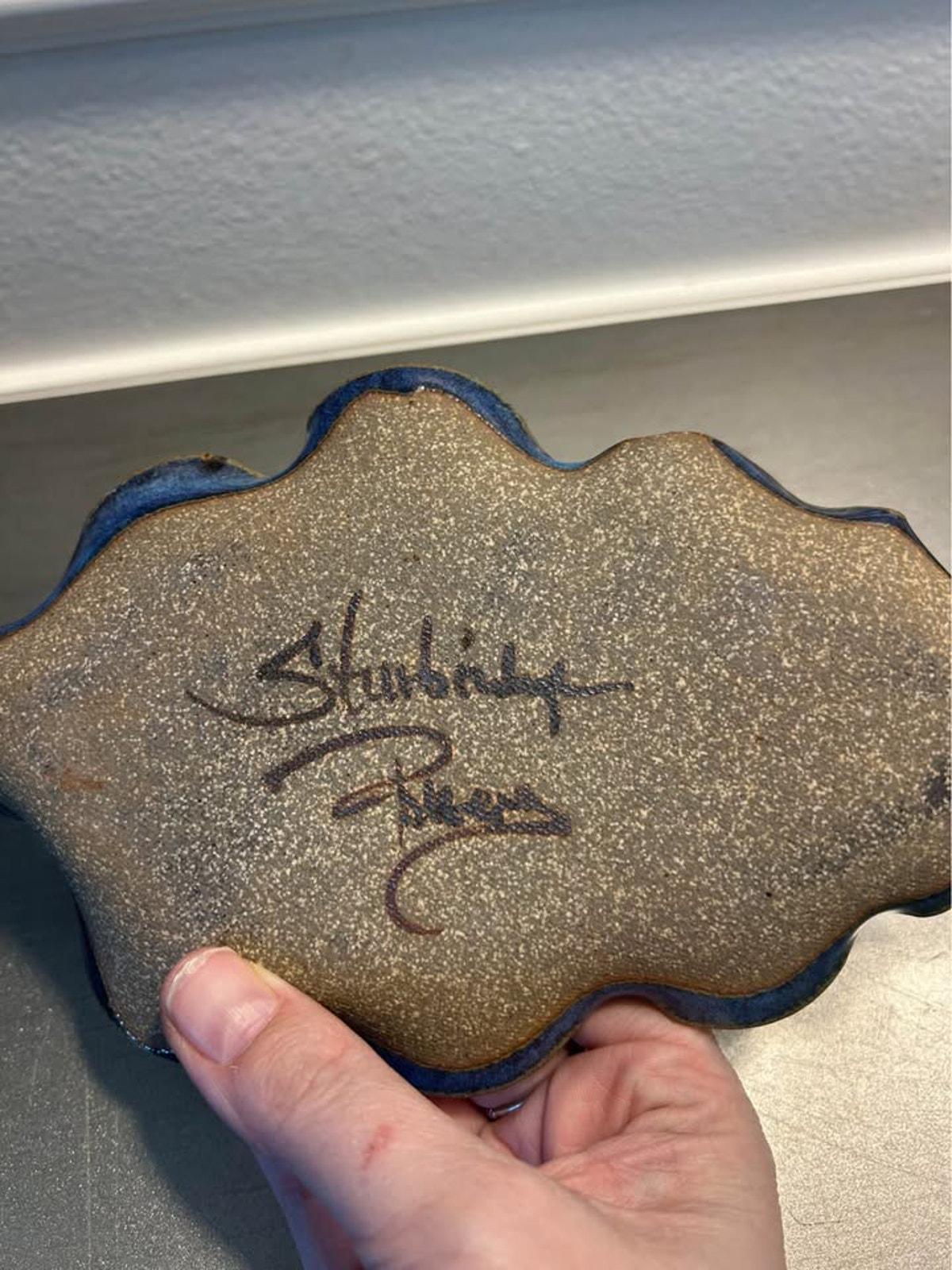 Sturbridge Pottery Blue Leaf Dish – Handcrafted Stoneware Trinket Tray