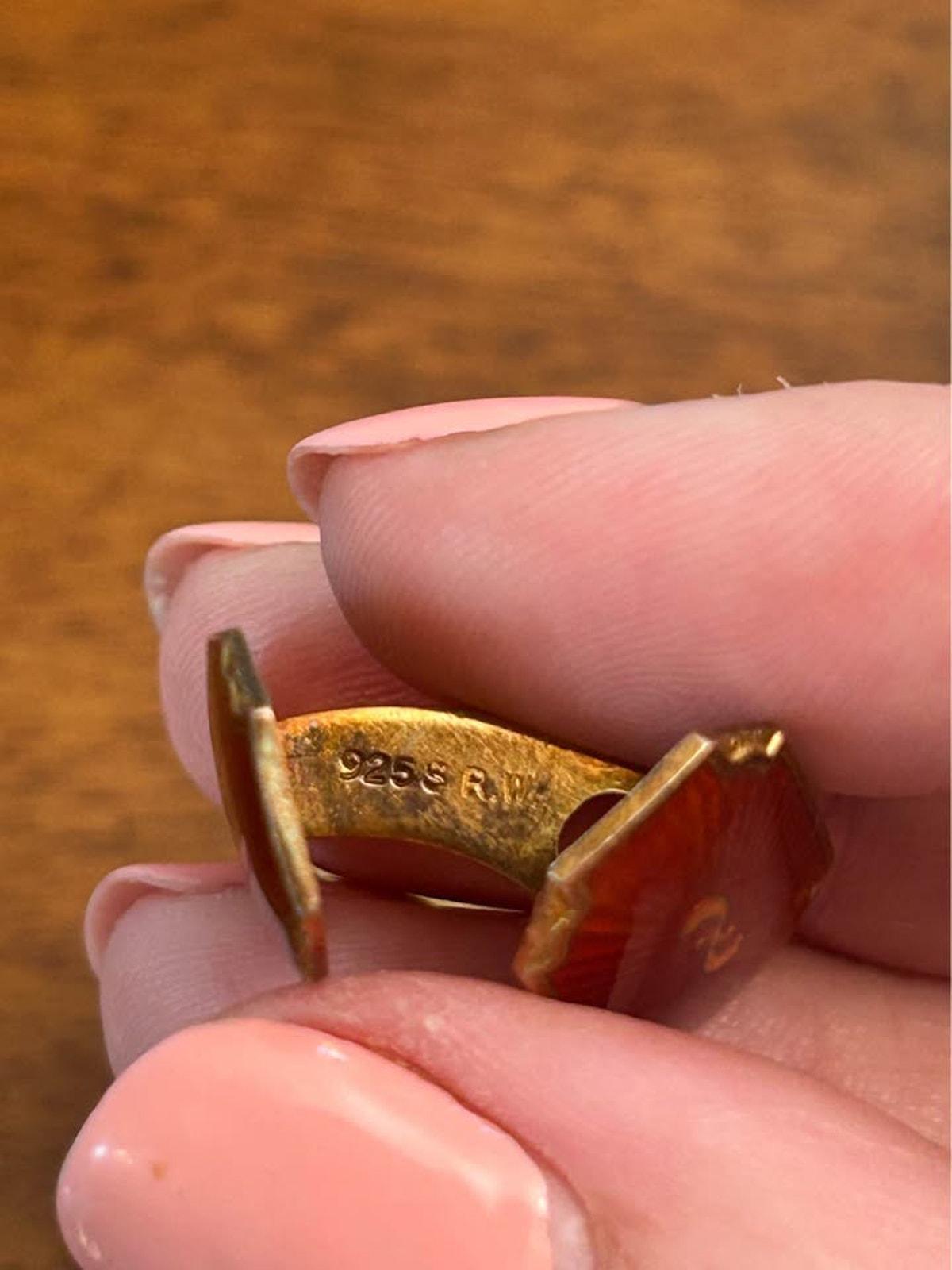 Vintage Norwegian Sterling Silver Vermeil & Red Guilloché Enamel Cufflinks, R.W.