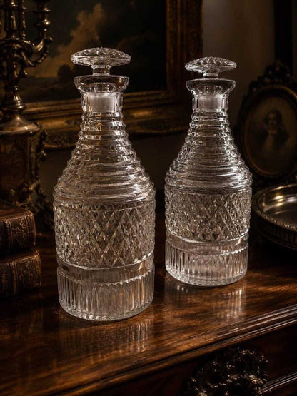 Vintage Cut Crystal Step-Neck Decanter Pair | Anglo-Irish Georgian Style Barware