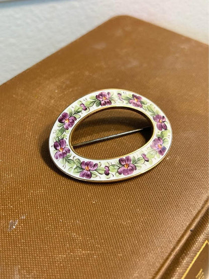 Antique Art Nouveau Suffragette Guilloche Enamel Hand Painted Violet Sash Brooch