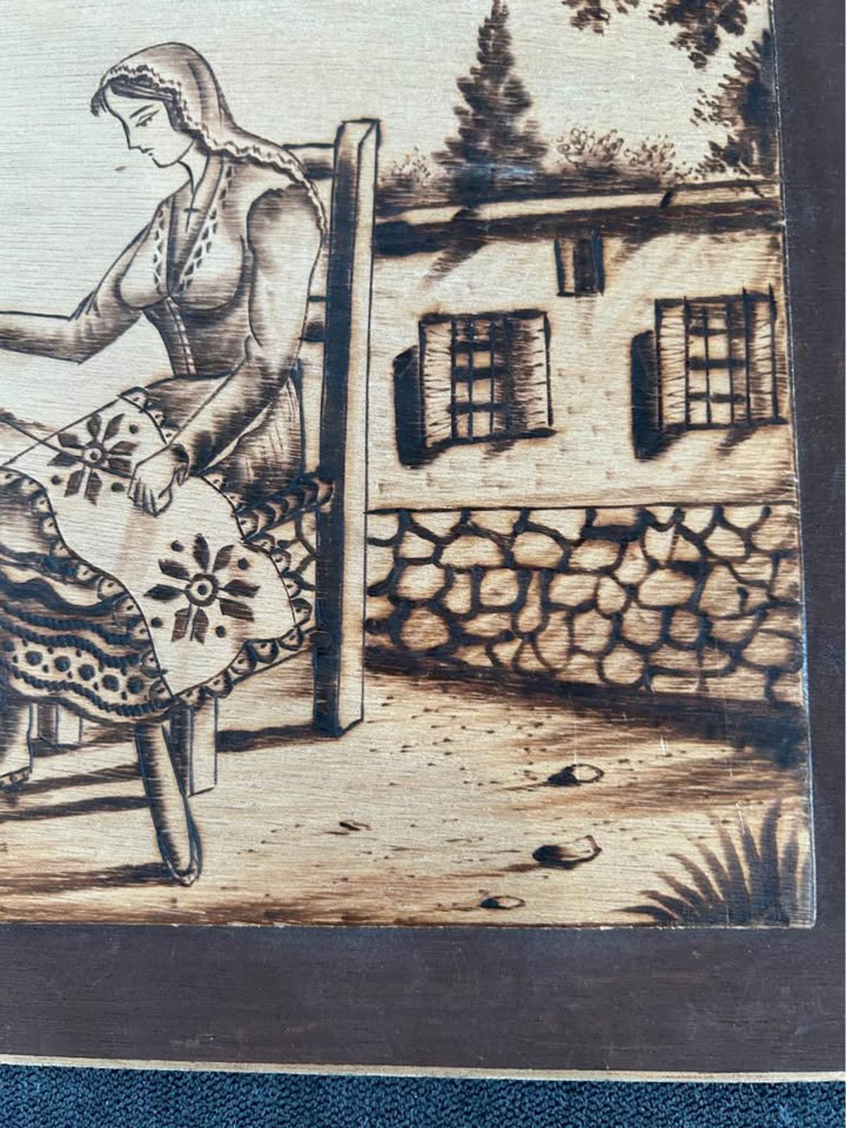 Vintage Lambousa Cyprus Pyrography Art Plaque – Lefkaritika Lace Scene, Signed K. Matsagides