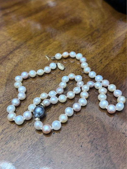 Vintage Cultured Pearl Necklace with 14K Gold Clasp and Grey Baroque Pearl