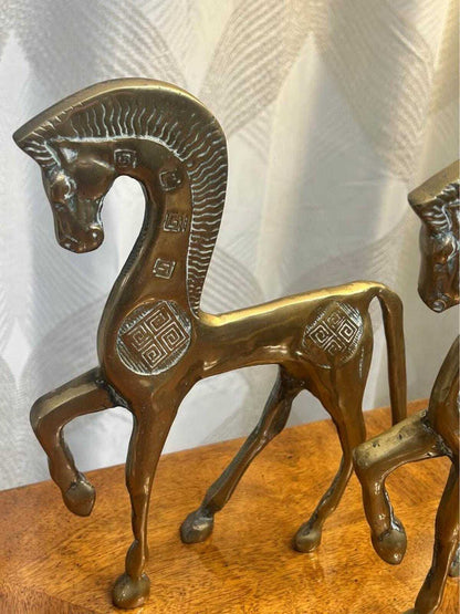Vintage Mid-Century Brass Greek Geometric Horse Figurines | Etruscan Revival Sculptures | Frederick