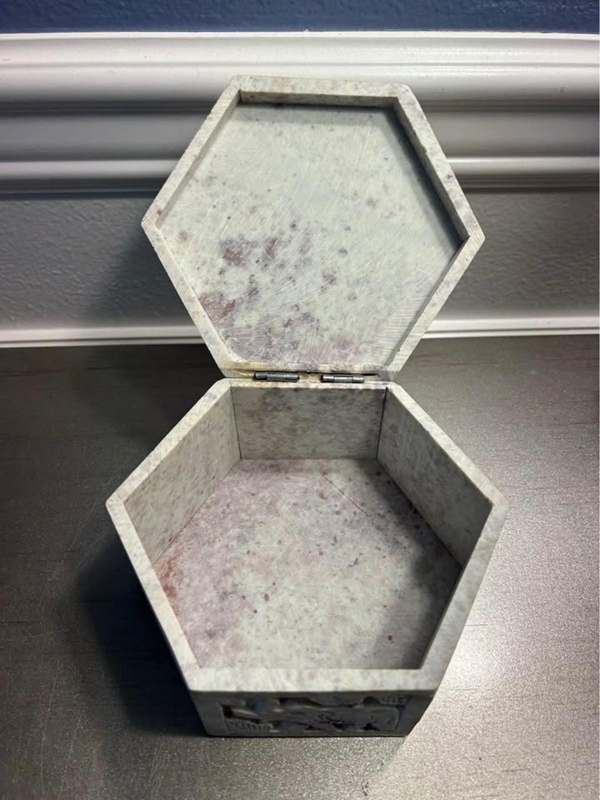 Hand-Carved Soapstone Hexagonal Box with Elephant Relief