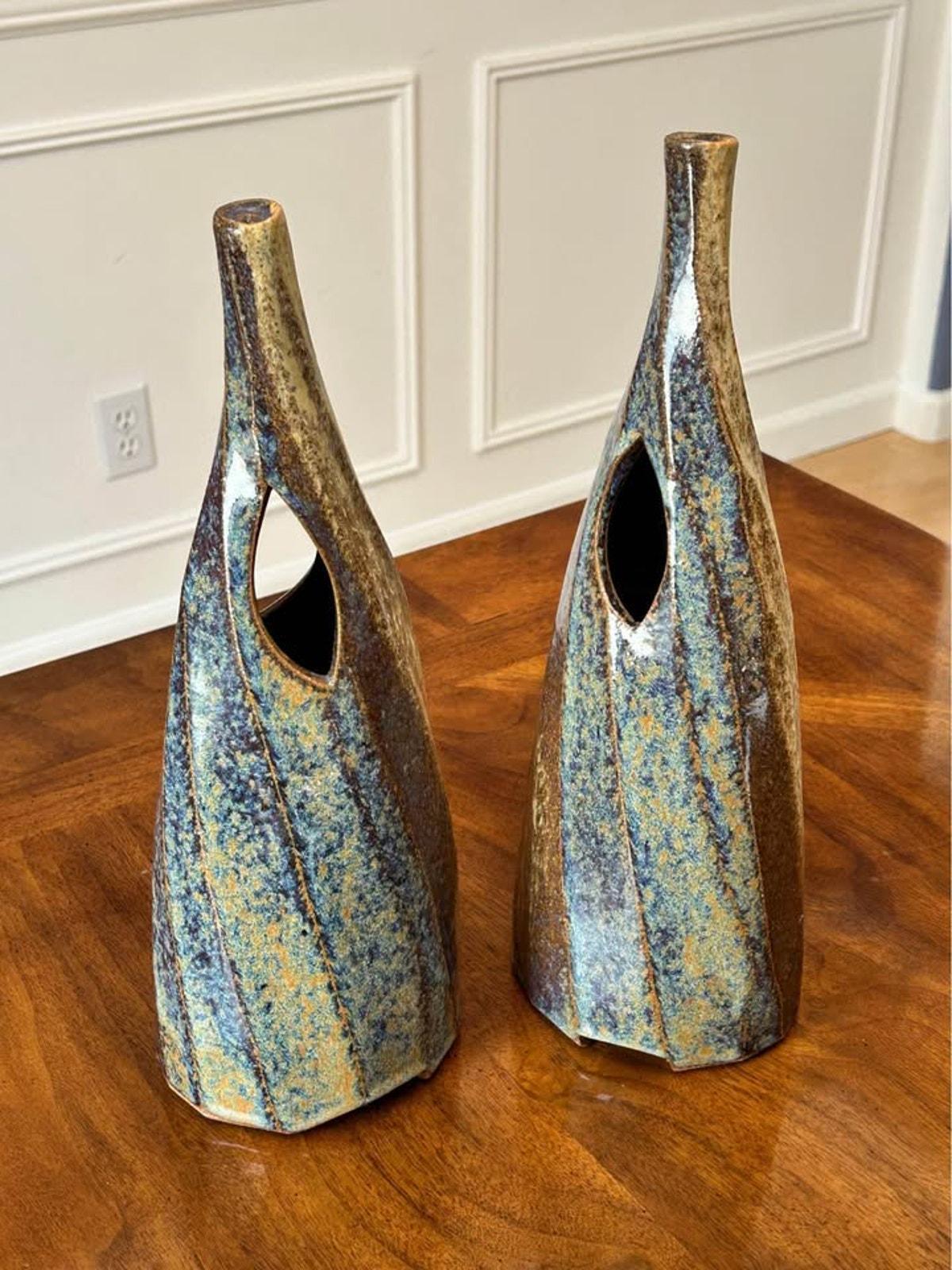 Vintage Studio Pottery Modernist Ikebana Vases Pair - Signed