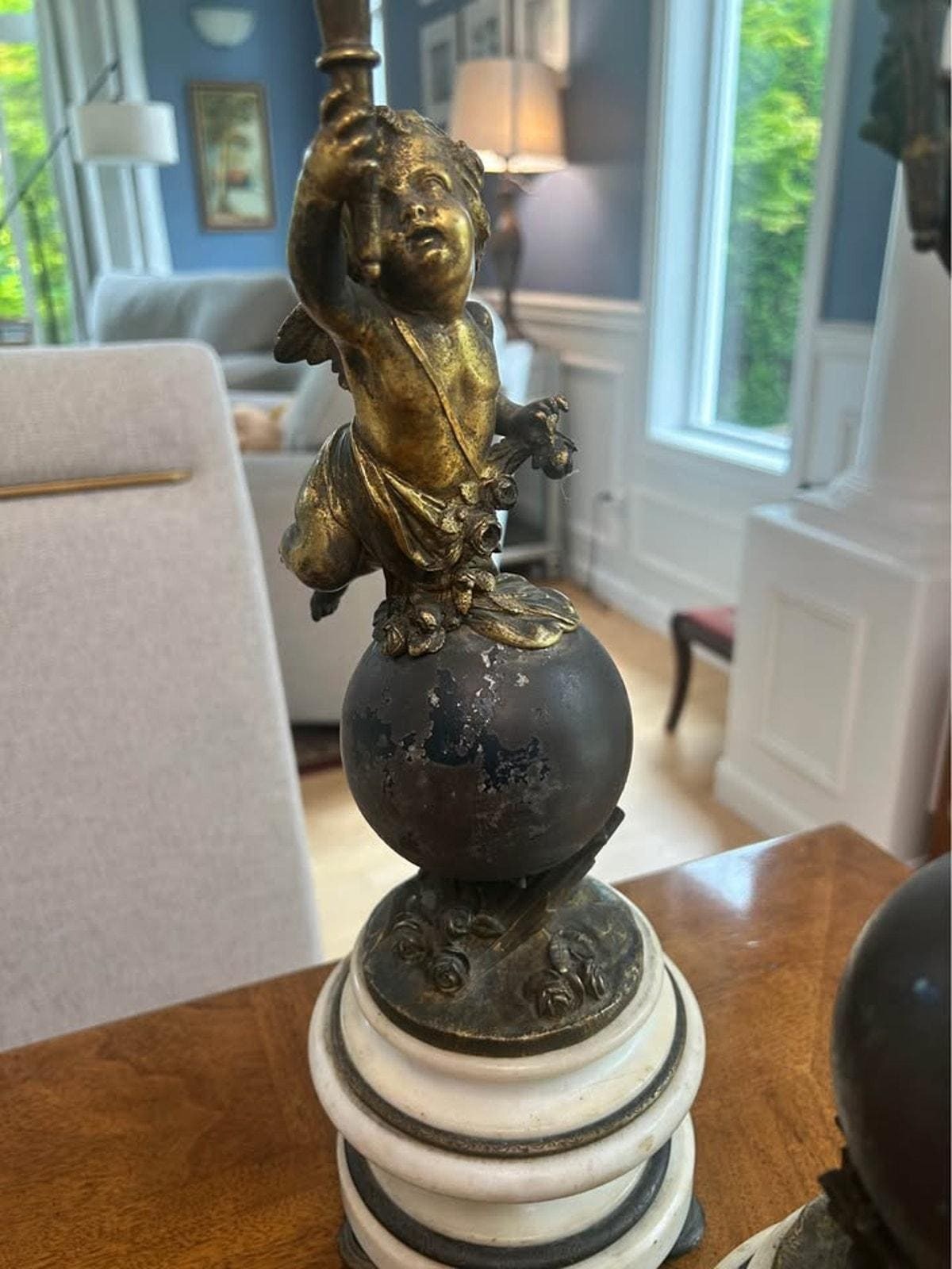Antique French Style Gilt Spelter Putti Candlesticks on Marble Bases