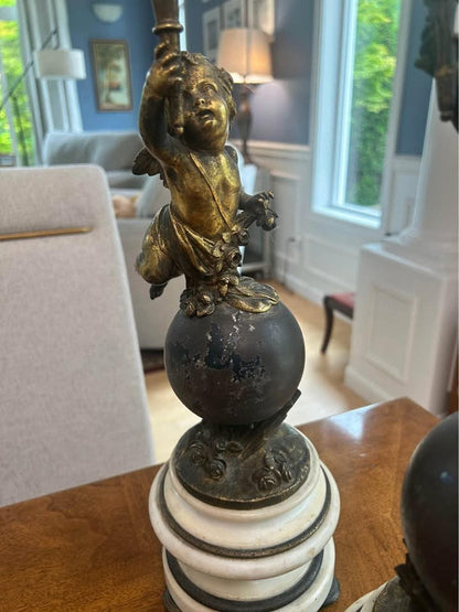 Antique French Style Gilt Spelter Putti Candlesticks on Marble Bases