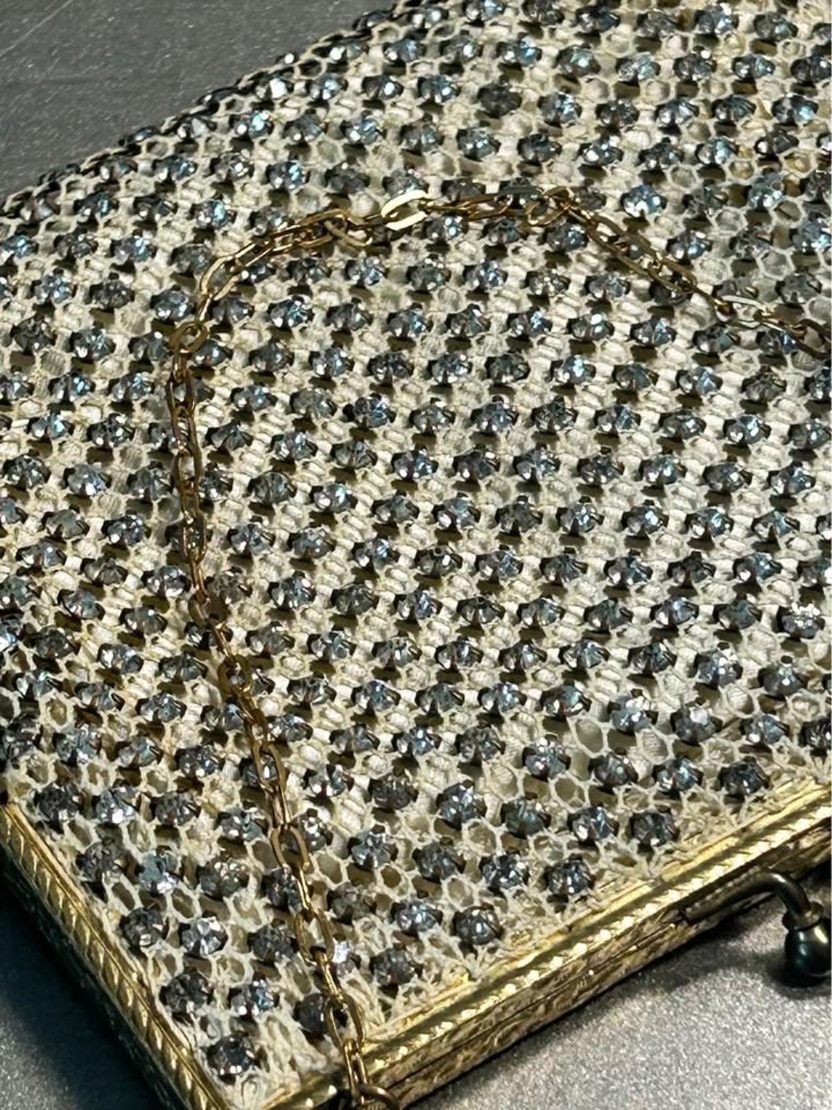 Vintage Rhinestone Mesh Evening Bag Etched Gold Tone Frame Satin Lined Purse