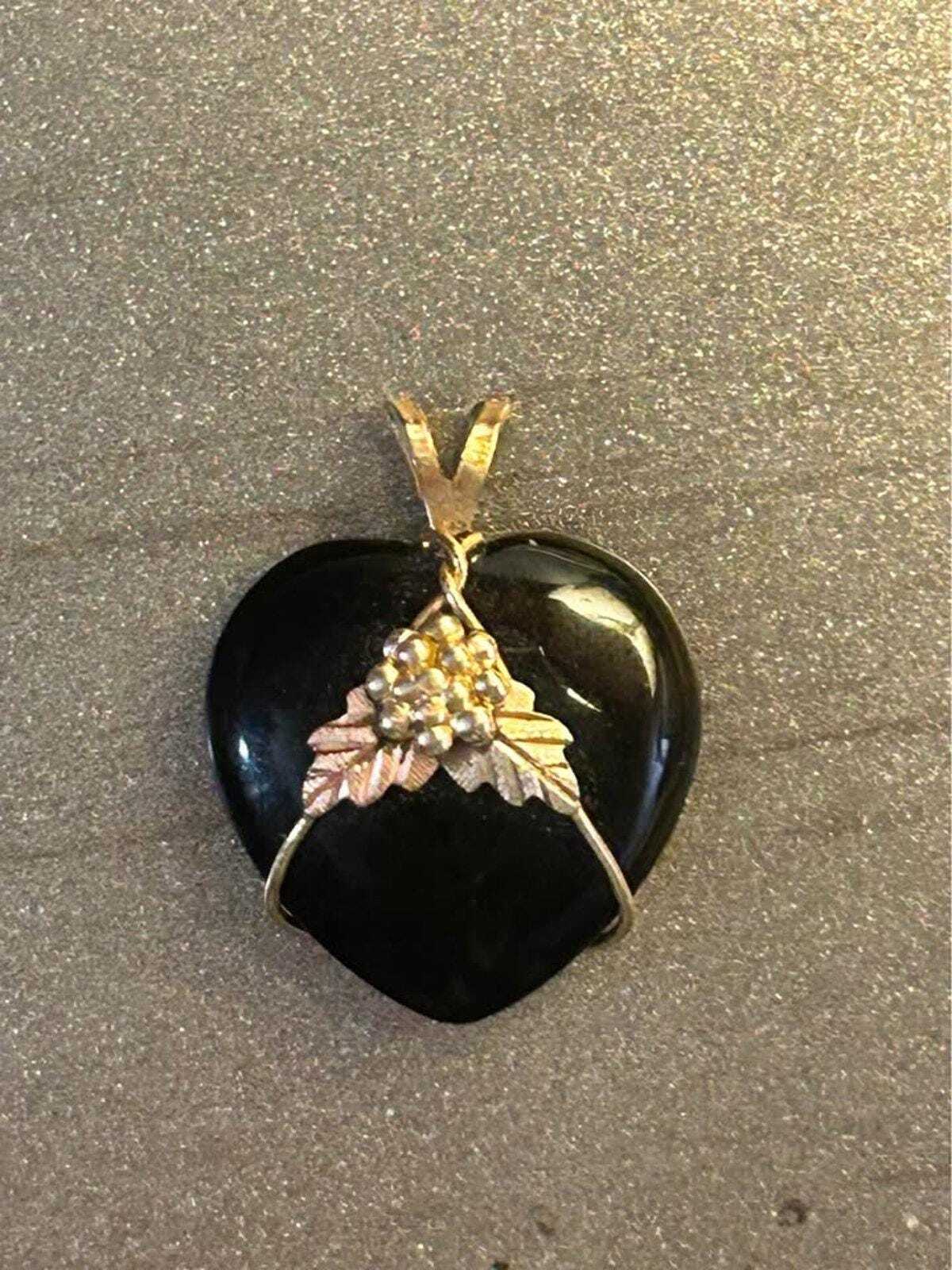 Vintage 14k Black Hills Gold & Onyx Heart Pendant - Grape Leaf Motif
