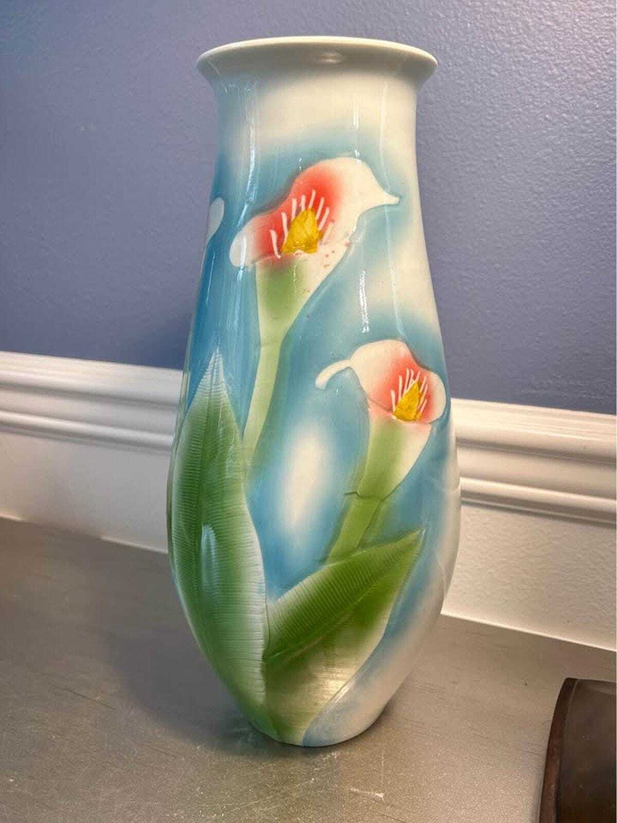 Large Hand-Painted Calla Lily Ceramic Vase with Chinese Calligraphy
