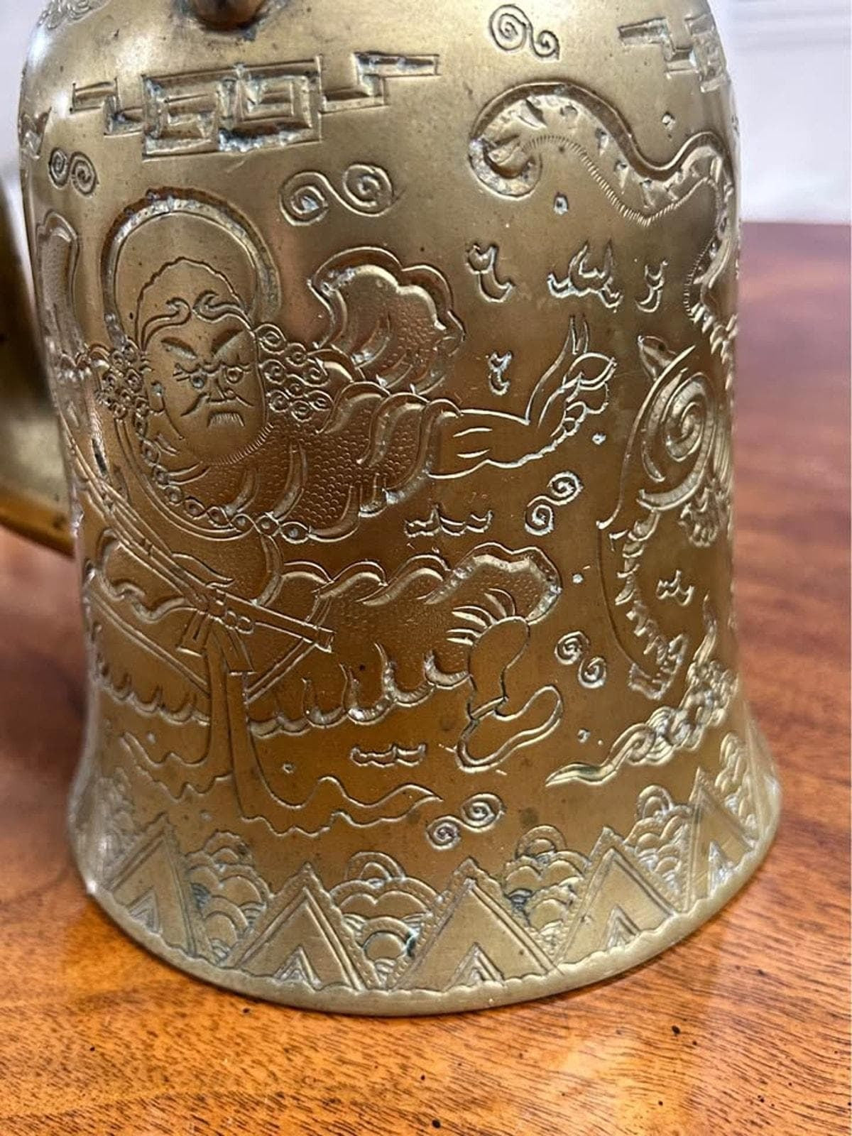 Vintage Engraved Asian Brass Teapot with Taoist Immortal and Xuanwu Tortoise Finial