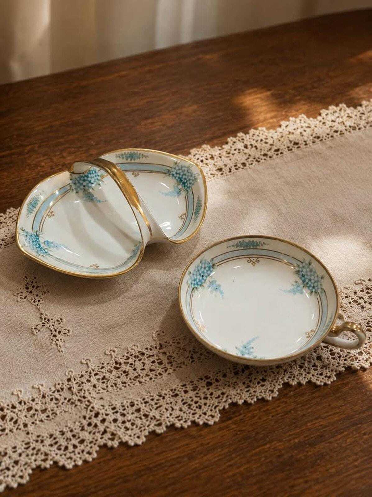 Antique Morimura Brothers Nippon Hand-Painted Porcelain Divided Dish and Bowl Set with Blue Florals