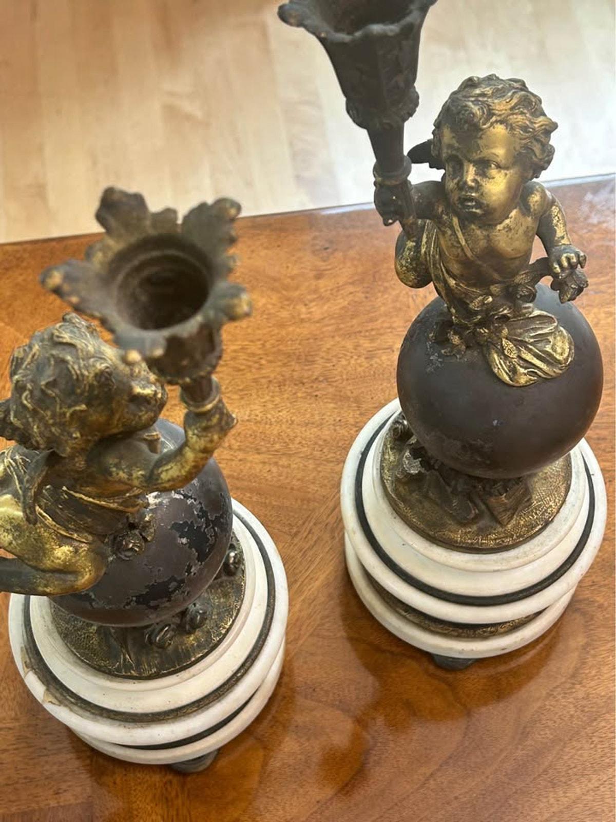 Antique French Style Gilt Spelter Putti Candlesticks on Marble Bases