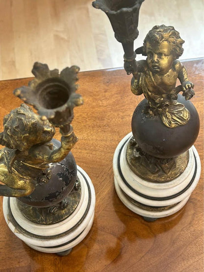 Antique French Style Gilt Spelter Putti Candlesticks on Marble Bases