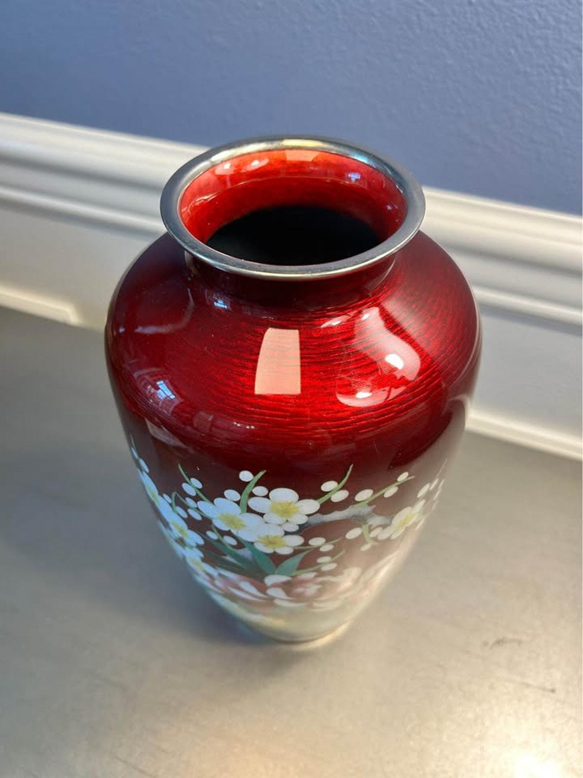 Ando Cloisonne Co. Red Akasuke Floral Vase | 9.5" Japanese Enamel