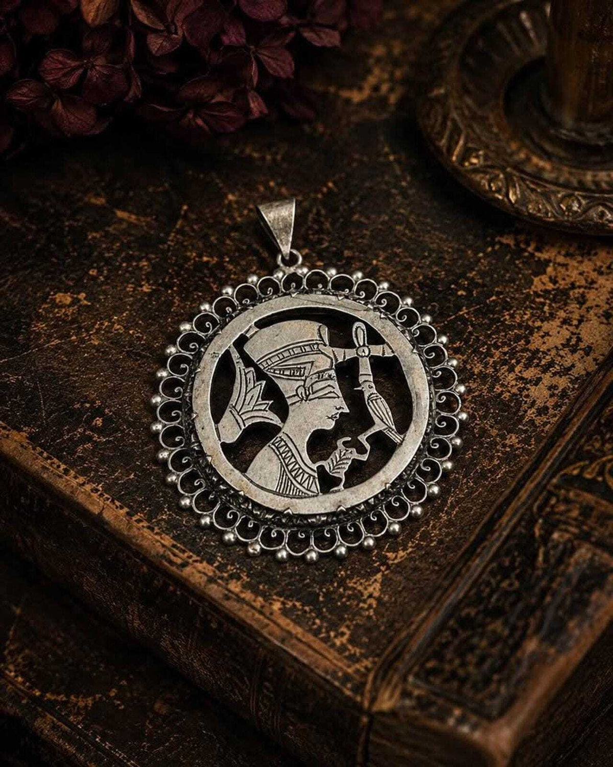 Vintage Egyptian Revival Sterling Silver Nefertiti Pendant Large Cut Out Medallion