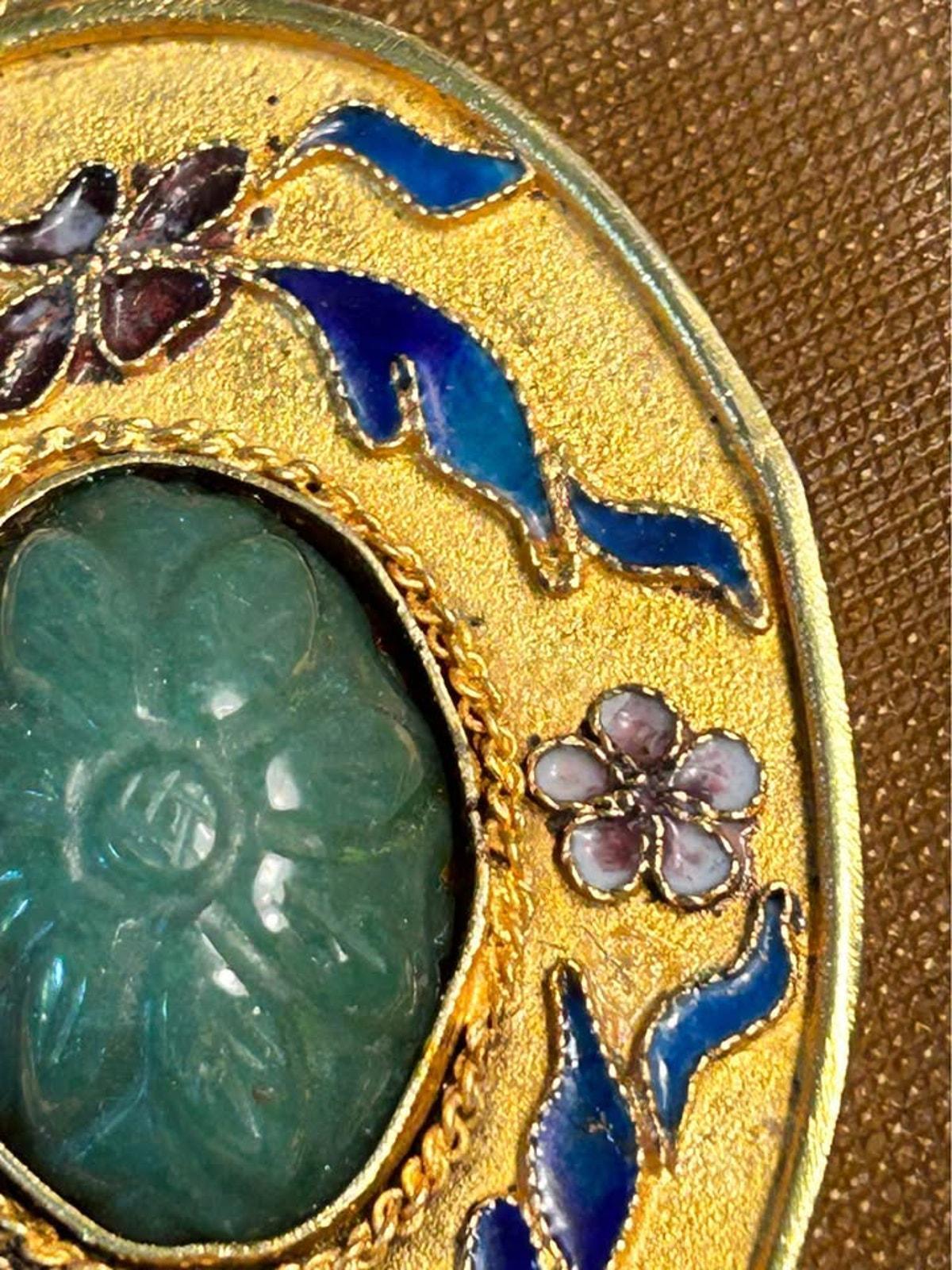 Vintage Chinese Export Carved Genuine Jade & Floral Enamel Brooch Pendant