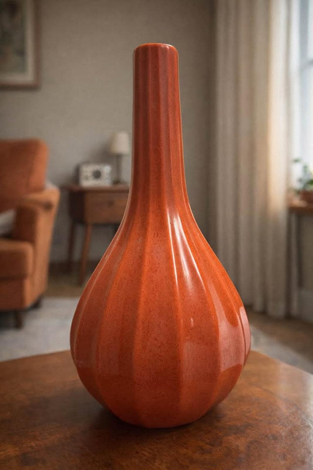 Tall Speckled Orange Ribbed Ceramic Vase, Mid-Century Modern Style Art Pottery